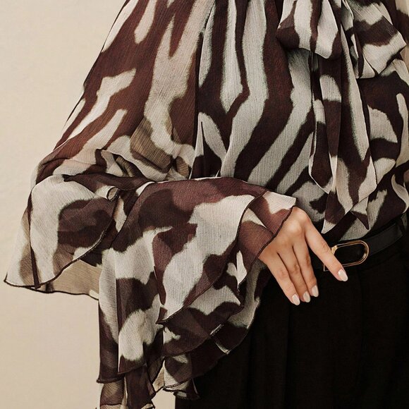 Women's Elegant Raglan Flare Sleeve Round Neck Semi-Sheer zebra print blouse - Picture 5 of 8